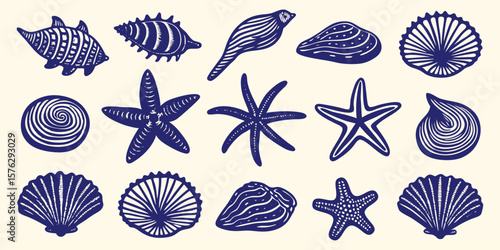 Vintage engraving style marine life vector illustration set. Detailed seashells, starfish, and aquatic elements in blue ink. Nautical graphic for print, decor, textile, and design projects.
