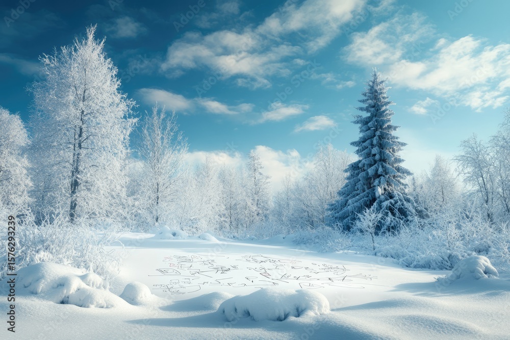 custom made wallpaper toronto digitalWinter wonderland scene with snow-covered trees and a drawing in the snow.