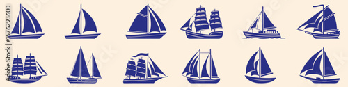 Set of vintage style sailboats and ship wheel vector illustration. Blue nautical graphic elements with various sailing ships for maritime design, print, logo, and decor projects.