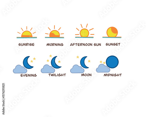 Minimalistic sun and moon icons illustrating daily time phases
