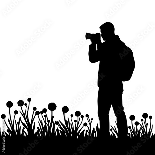 Silhouette of a man photographing flowers in a natural environment  