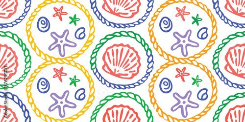 Colorful hand drawn seamless pattern. Marine life vector illustration with seashells and starfish in rope circles. Fun nautical ocean print for kids, fabric, packaging, and beach design.