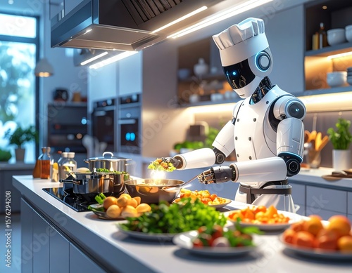 Fototapeta Naklejka Na Ścianę i Meble -  Robotic chef in smart futuristic kitchen. Innovative robot chef preparing culinary dishes.