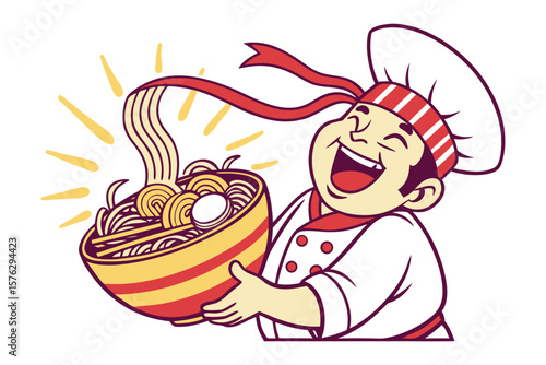 Cheerful Chef's Noodle Feast: A jovial chef beams with delight as he presents a steaming bowl of noodles, capturing the essence of culinary joy and the delight of a flavorful meal.