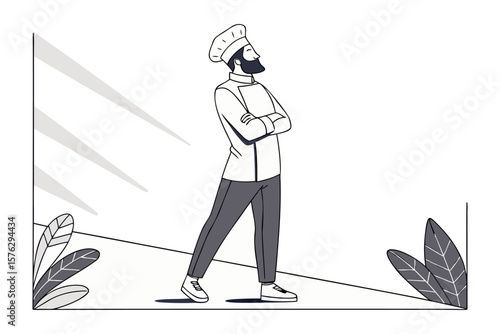 Culinary Maestro's Contemplation: A culinary artist stands in a realm of culinary artistry and cooking. His stance evokes experience and talent. the culinary professional.