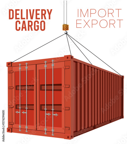 Red cargo shipping container with visible metal supports suspended by crane cables, yellow-orange lifting gear attached