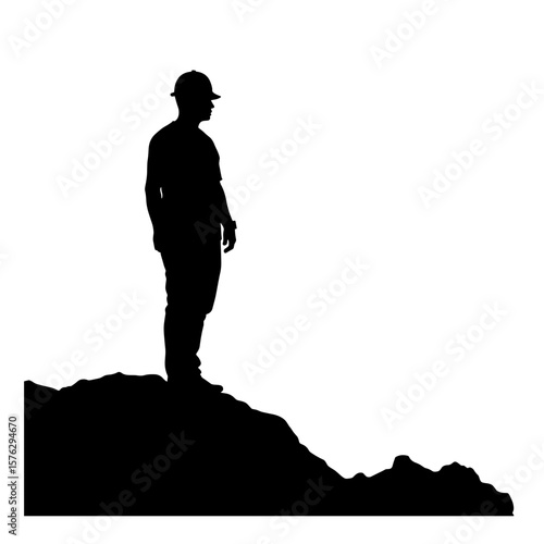 Construction worker standing on rock silhouette against white background  