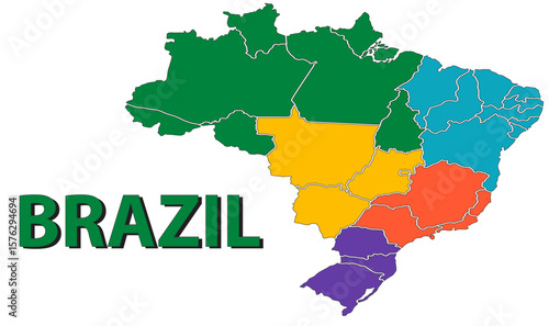 map of Brazil with regions in green, teal, orange, yellow, and purple, divided by black borders, ideal for education and travel use