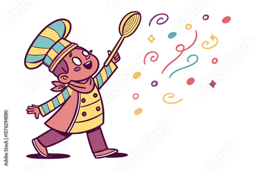 Cheerful Chef with Spoon: An animated illustration depicts a jovial chef, brandishing a large spoon and surrounded by colorful, whimsical swirls.