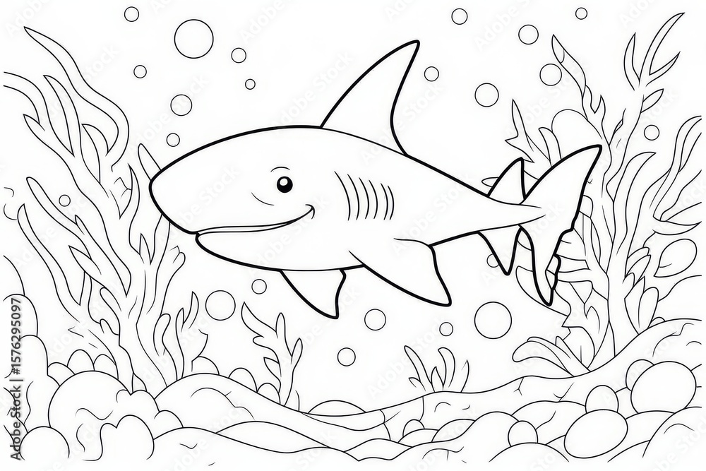 Fototapeta premium Cute baby shark cartoon coloring page bold black outline flat vector coral reef bubbles ocean kids book