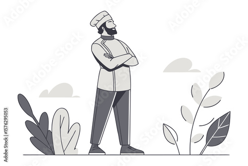 Chef's Reverie: A chef stands confidently, arms crossed, contemplating amidst stylized plants, embodying culinary mastery and serene reflection.