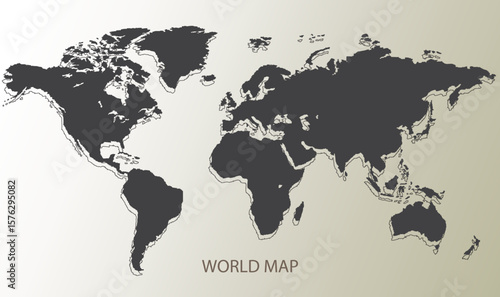 Simple grayscale world map with dark gray continents on a light beige background, featuring visible coastlines and country outlines