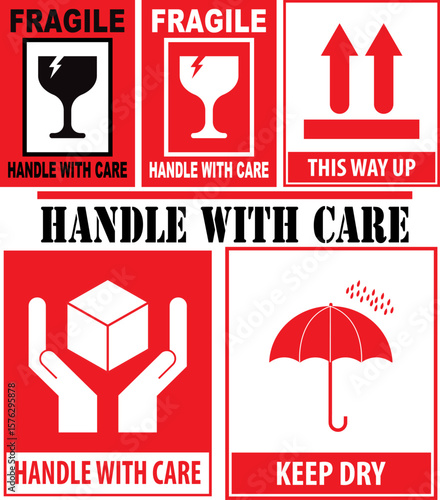 Set of Red Fragile Shipping Labels with Bold “HANDLE WITH CARE” , One Featuring a Cracked Wine Glass Icon and Another with Stenciled, Stamped Typography for Packaging Safety