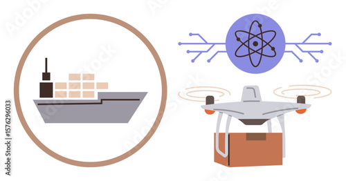 Cargo ship with stacked goods, drone carrying a delivery box, and an atomic symbol with circuits. Ideal for innovation, technology, global trade, delivery, logistics AI future concepts. Simple flat