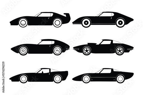 Classic Car Silhouette: A sleek, black silhouette of a classic sports car in various angles, evoking a sense of speed, power, and timeless design, showcasing its iconic form against a clean backdrop.