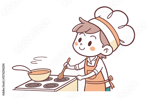 Culinary Creation: Charming illustration of a young chef, immersed in the art of cooking, stirring a pot with focused intent.