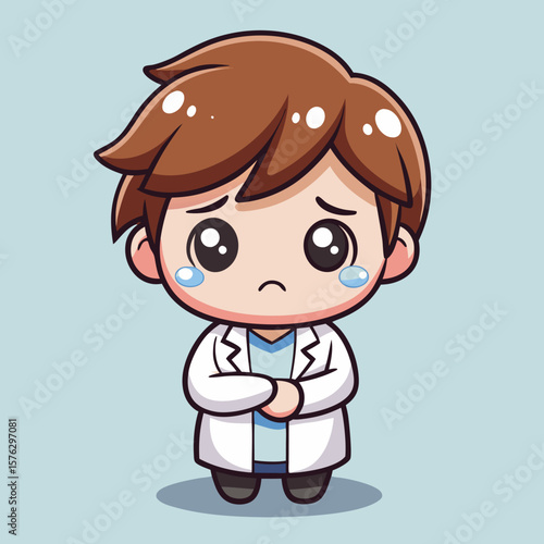Sad cartoon doctor with brown hair, wearing a white lab coat and light blue shirt, with teary eyes