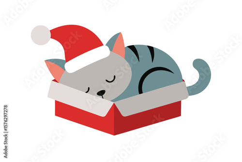 Cozy cat sleeping inside gift box with Santa hat adorable pet vector art illustration