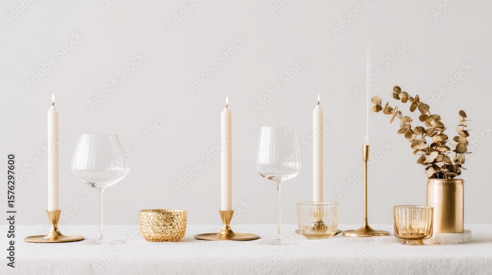 Fototapeta premium Gold and white tableware and candles on a table