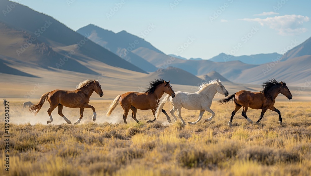 Fototapeta premium Wild Horses Galloping Across a Vast Mountainous Landscape at Sunset
