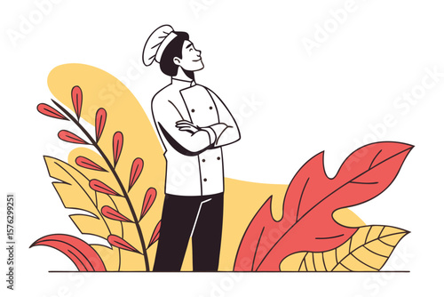 Culinary Vision: A chef, donned in traditional attire, envisions culinary aspirations amidst a backdrop of artistic, stylized botanical elements.