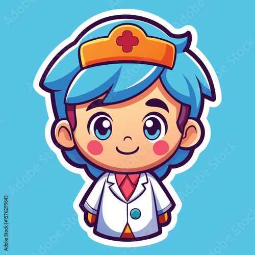 Cartoon doctor character with light blue hair and a white coat