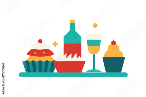 Holiday party table with cupcakes drinks and decor festive celebration vector art illustration
