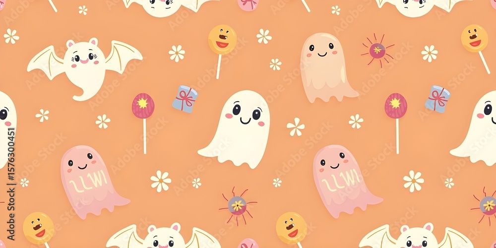 Fototapeta premium Seamless Halloween Vector Pattern with Pastel Bats, Candy, and Ghosts on Orange Background