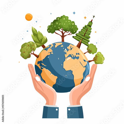 Earth with flourishing trees being gently held by human hands symbolizes environmental protection and sustainable growth practices.