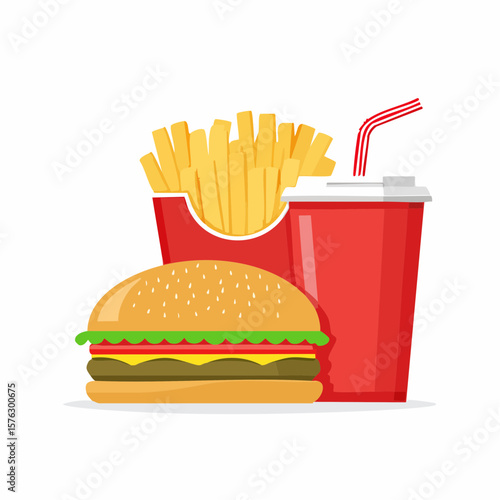 Delicious burger, crispy fries, and refreshing soda graphic suitable for food-related projects, restaurant menus, or fast food promotions.