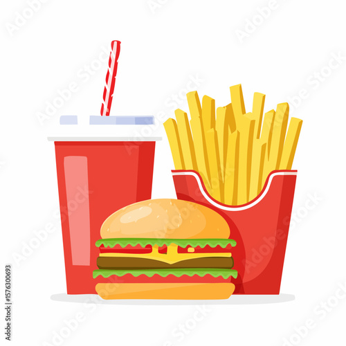 Delicious fast food meal featuring a burger, fries, and soda, perfect for menu designs or food-related graphics.