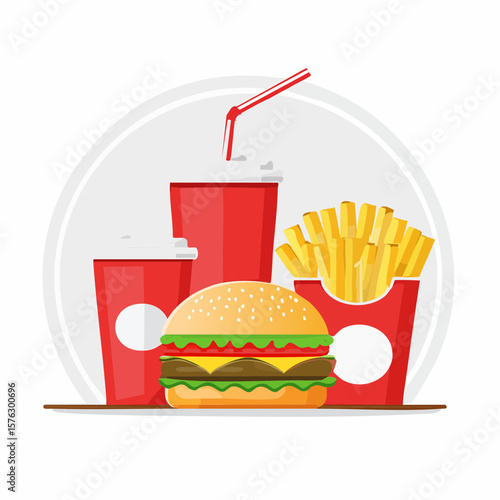 Enjoy a mouthwatering fast food combo featuring a delicious burger, refreshing drinks and crispy french fries.