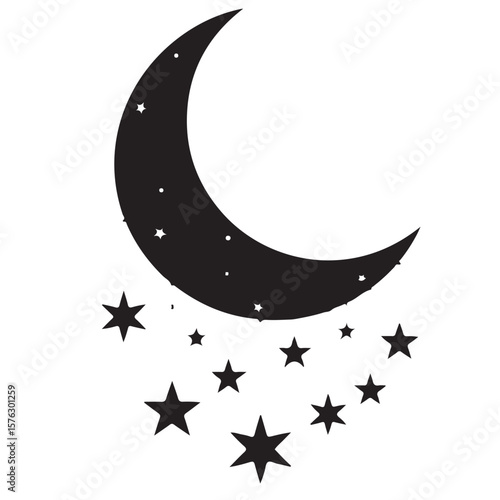 Silhouette crescent moon with star cluster, black and white graphic illustration