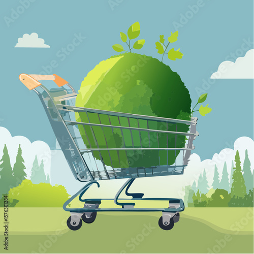 shopping cart filled with a moss-covered ball and budding plants symbolizes eco-friendly choices