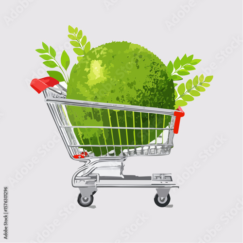 shopping cart filled with a moss-covered ball and budding plants symbolizes eco-friendly choices