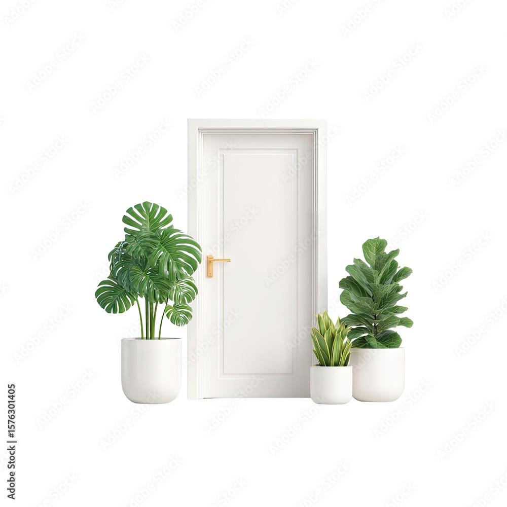 Fototapeta premium Modern Interior Design with Green Plants Beside White Closed Door in Minimalistic Space