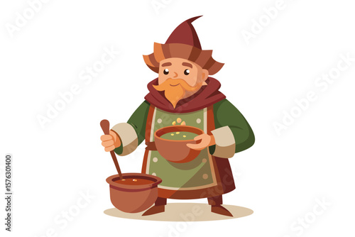 The Soup Kitchen Craftsman: A jovial artisan, donned in an ensemble of classic garb, ladles a flavorful concoction from a simmering cauldron, exuding warmth and culinary expertise.