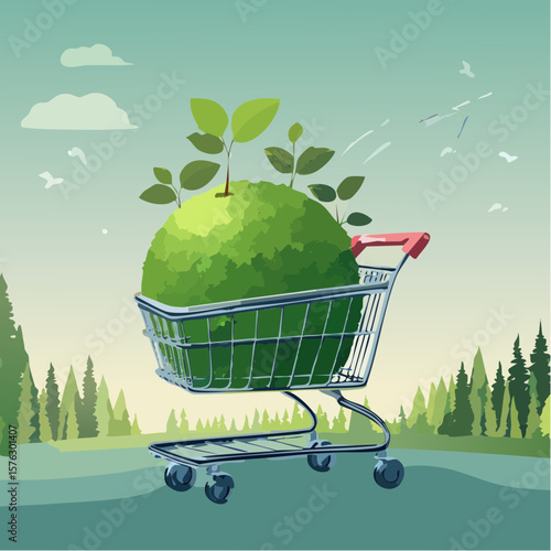 shopping cart filled with a moss-covered ball and budding plants symbolizes eco-friendly choices