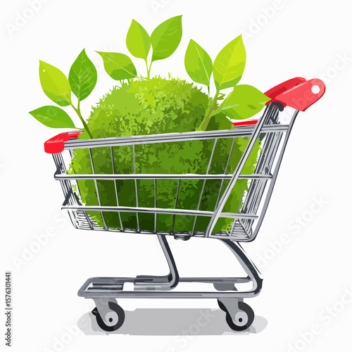 shopping cart filled with a moss-covered ball and budding plants symbolizes eco-friendly choices
