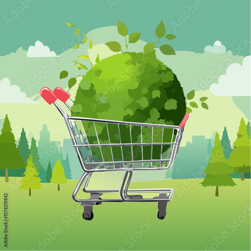 shopping cart filled with a moss-covered ball and budding plants symbolizes eco-friendly choices