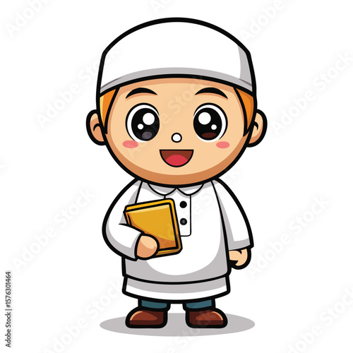 Cute cartoon boy in a thobe with a book
