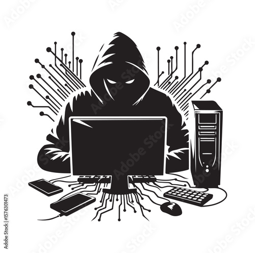 Computer hacker individual using a laptop vector graphics