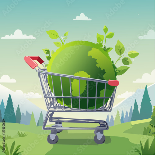 shopping cart filled with a moss-covered ball and budding plants symbolizes eco-friendly choices