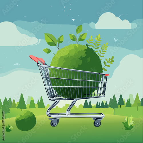 shopping cart filled with a moss-covered ball and budding plants symbolizes eco-friendly choices