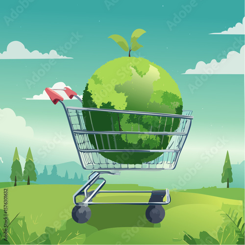 shopping cart filled with a moss-covered ball and budding plants symbolizes eco-friendly choices