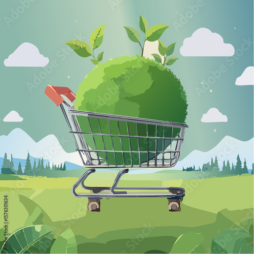 shopping cart filled with a moss-covered ball and budding plants symbolizes eco-friendly choices