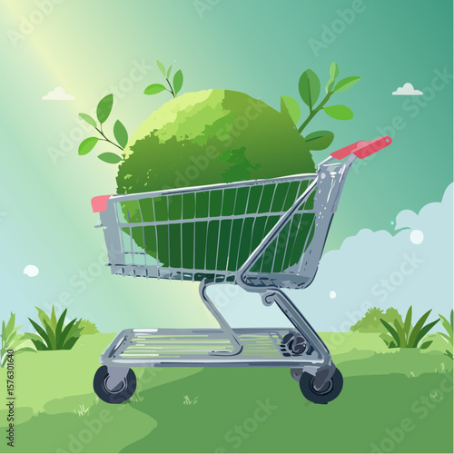 shopping cart filled with a moss-covered ball and budding plants symbolizes eco-friendly choices