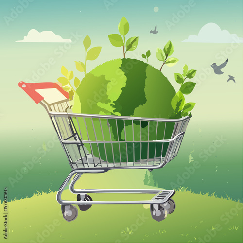 shopping cart filled with a moss-covered ball and budding plants symbolizes eco-friendly choices