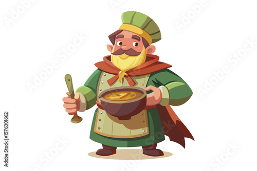 Jolly Chef with Soup: A cheerful cartoon chef, adorned in a green tunic and chef's hat, proudly presents a steaming bowl of hearty soup.