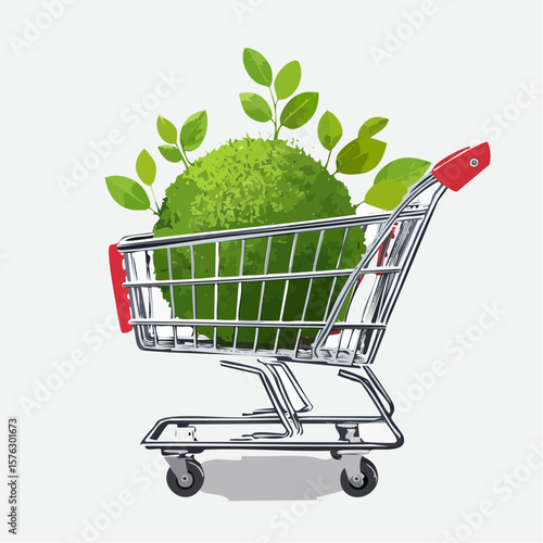 shopping cart filled with a moss-covered ball and budding plants symbolizes eco-friendly choices